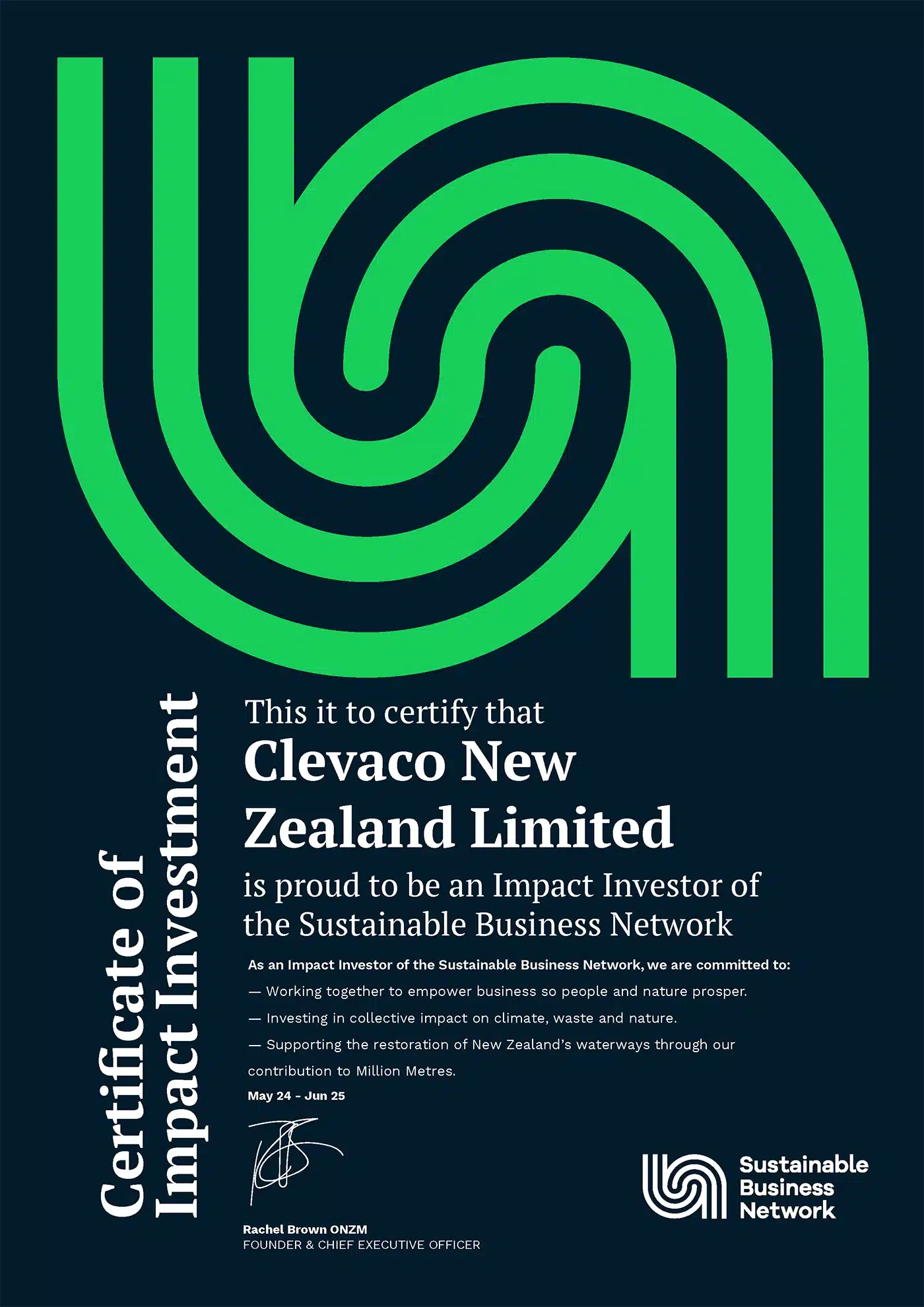 Clevaco New Zealand Sustainability Impact Investment Certificate